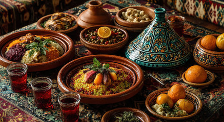 Traditional Moroccan dishes are beautifully arranged on a decorative table, showcasing vibrant colors, textures, and flavors, inviting a communal dining atmosphereの素材
