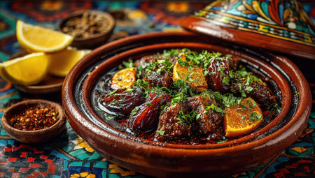 Moroccan tagine dish showcases tender meat with spices and herbs, garnished with citrus slices, presented in a decorative clay pot on a vibrant table settingの素材
