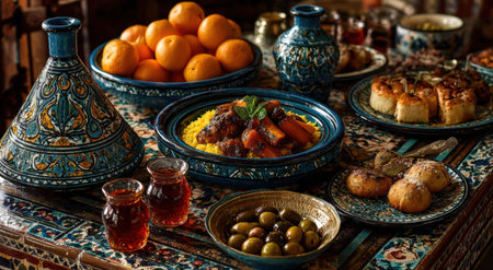Vibrant Moroccan cuisine displayed on a decorative table, showcasing a tagine dish, olives, pastries, and fresh oranges, creating an inviting and rich cultural atmosphereの素材