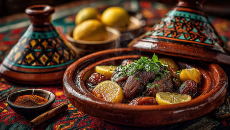 Moroccan cuisine displayed in a decorative tagine, showcasing succulent meat, aromatic spices, and colorful garnishes, evoking a rich cultural dining atmosphereの素材