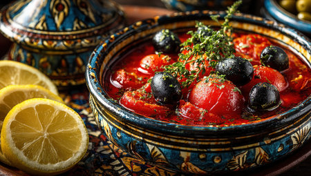 Mediterranean stew in decorative bowl, filled with tomatoes, olives, and herbs, accompanied by lemon slices, highlighting rich textures and vibrant colorsの素材