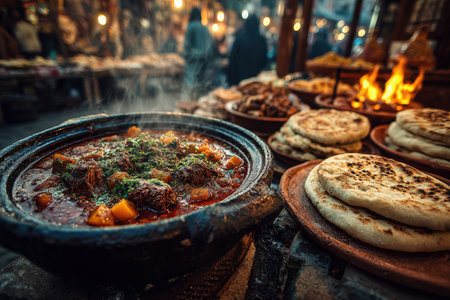 A flavorful dish in a clay pot, with herbs and spices, alongside warm bread, evokes a rich culinary experience in a vibrant market environmentの素材