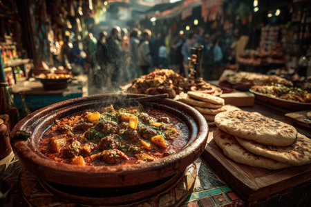 Steaming Moroccan tagine dish in a lively market, surrounded by spices and breads, capturing the essence of culinary tradition and vibrant atmosphereの素材