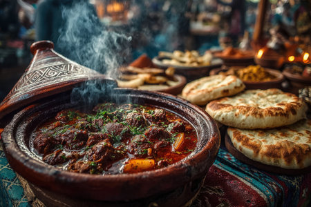 Moroccan tagine with steaming stew and herbs, accompanied by warm bread and spices, creating an inviting culinary scene full of rich flavors and cultural essenceの素材