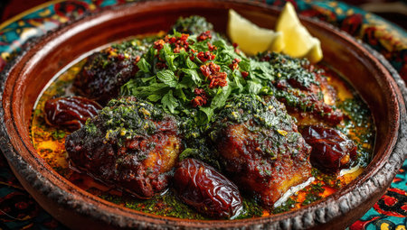 A beautifully arranged plate of meat garnished with herbs and spices, complemented by dried fruits, served in a traditional bowl, highlighting culinary craftsmanshipの素材