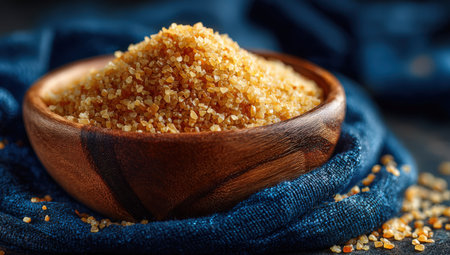 Granulated brown sugar is displayed in a wooden bowl on textured blue fabric, highlighting its rich color and natural appeal for culinary applicationsの素材