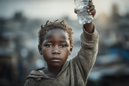 Young African boy proudly raises a bottle of clean water, set against an out-of-focus urban backdrop, highlighting the significance of water access and hope for the futureの素材