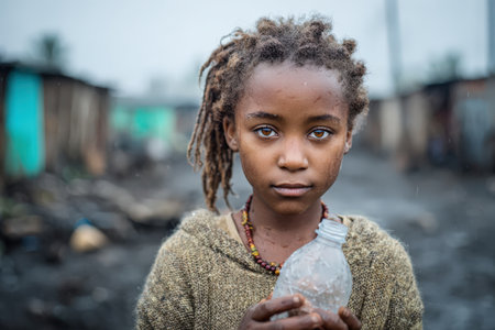 Young girl with braided hair is holding a plastic bottle, standing amidst rural surroundings with worn structures, showcasing determination and strength in adversityの素材