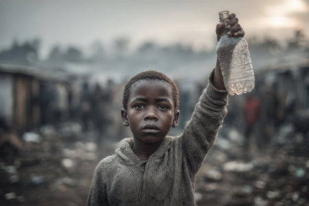 African child stands in a densely populated area, holding a clear plastic bottle, surrounded by a backdrop of poverty and struggle, representing determination and hopeの素材