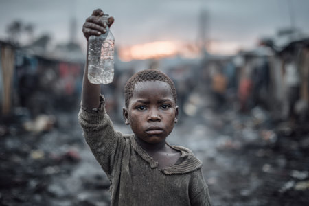 Child stands confidently, raising a water bottle in a difficult setting, surrounded by makeshift shelters and a muted backdrop, symbolizing strength and perseveranceの素材