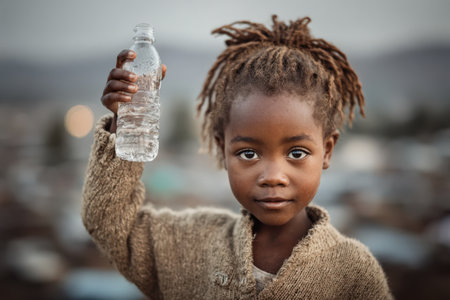 Young girl with braided hair, holding water bottle in outdoor setting, wearing warm sweater, symbolizing the importance of clean water and community resilienceの素材