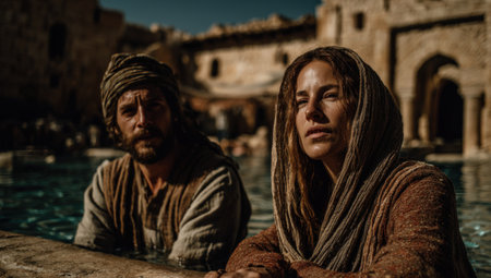 Man and woman in historical clothing are seated by a calm water body, showcasing their thoughtful expressions in an ancient, serene environmentの素材
