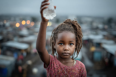 Girl with braided hair raises a water bottle in an urban setting, surrounded by makeshift structures, conveying a message of hope and perseverance in adversityの素材