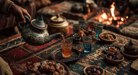 Ornate teapot is pouring tea into a glass, surrounded by vibrant textiles, dried fruits, and a warm fire, creating an inviting and cozy setting for a traditional tea ceremonyの素材