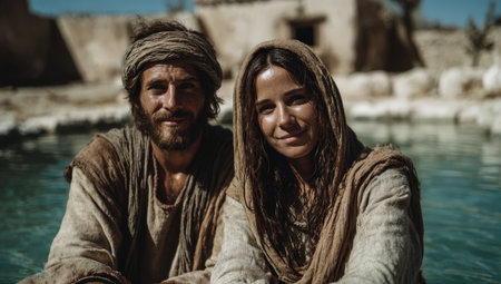 Man and woman in traditional clothing are seated by tranquil water, surrounded by rustic structures, capturing a serene and historical atmosphereの素材