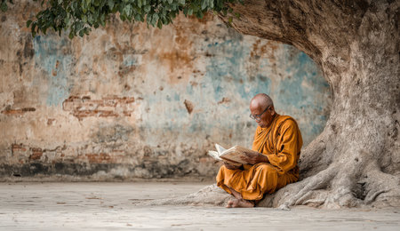 Monk in orange robe is seated under a large tree, reading a book, with textured ancient walls in the background, evoking peace and tranquilityの素材