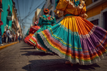 Traditional dresses in vibrant colors swirl during a cultural festival, highlighting intricate designs and lively ambiance in a bustling street filled with spectatorsの素材