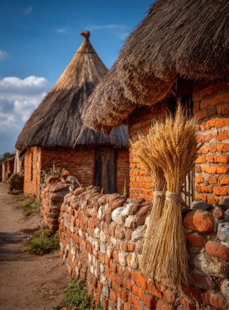 Thatched-roof huts made of clay bricks are situated along a dirt path, with a bundle of wheat hanging on a stone wall, reflecting rural life and craftsmanshipの素材