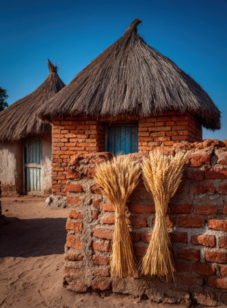 Thatched-roof huts constructed from bricks are set against a sandy backdrop, with wheat bundles displayed on a wall, illustrating rural lifestyle and agricultural traditionsの素材