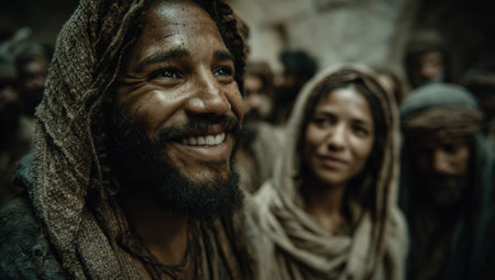 Happy african american man with beard and woman in traditional clothing, surrounded by a crowd, capturing a joyful moment of connection and community spiritの素材