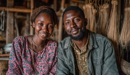 Happy african american couple poses together in a cozy workshop filled with handmade crafts, showcasing their bond and creativity in a warm atmosphereの素材