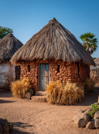 Round clay brick hut with thatched roof, surrounded by dry grass and palm trees, highlighting traditional architecture in a serene outdoor environmentの素材