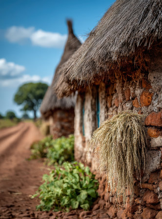 Stone huts with thatched roofs are situated beside a dirt road, surrounded by vibrant greenery and a bright blue sky, illustrating rural life and architectureの素材