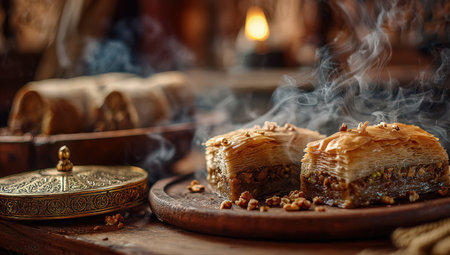 Baklava dessert pieces on wooden platter, with aromatic smoke and decorative items, creating a warm and inviting atmosphere for food lovers and culinary artの素材