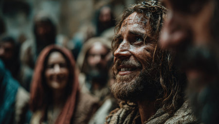 Smiling man with long hair, surrounded by diverse individuals in a historical environment, showcasing warmth and connection among the group in a vibrant atmosphereの素材
