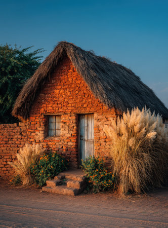 Traditional brick house features a thatched roof, surrounded by lush grass and colorful flowers, creating a peaceful rural atmosphere with natural elementsの素材
