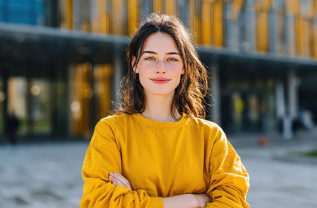 Confident young woman with long dark hair in a yellow sweater stands outdoors, arms crossed, in front of a modern architectural structure, radiating positivity and strengthの素材