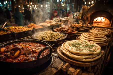 Colorful food market filled with diverse traditional dishes, steaming pots, and freshly baked bread, showcasing rich textures and inviting ambiance for food loversの素材