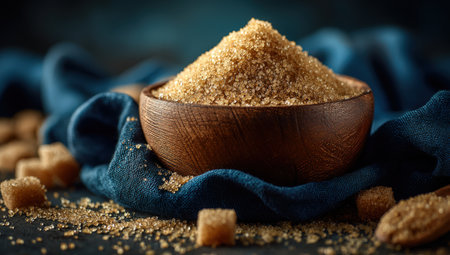 Brown sugar is displayed in a wooden bowl with granulated sugar and cubes on a dark surface, emphasizing its rich texture and culinary appealの素材