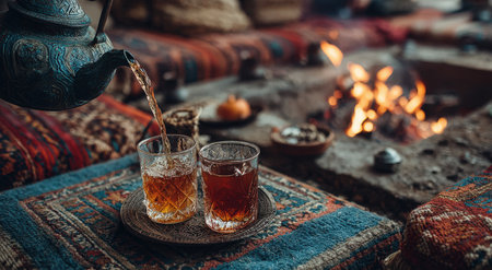 Ornate teapot pours tea into two glasses on a decorative tray, surrounded by vibrant textiles and a cozy fire, creating a warm and inviting atmosphereの素材