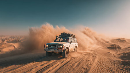 Off-road vehicle traverses sandy desert landscape, creating dust clouds while exploring vast terrain under clear blue skies, embodying adventure and freedomの素材