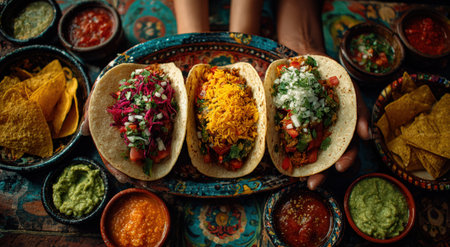 A vibrant display of tacos with fresh toppings on a decorative plate, surrounded by salsas and tortilla chips, highlighting the richness of traditional Mexican cuisineの素材