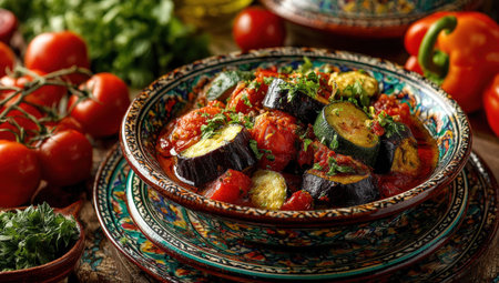 A vibrant vegetable stew in a decorative bowl, surrounded by fresh tomatoes and herbs, highlighting rich colors and textures in a warm kitchen atmosphereの素材