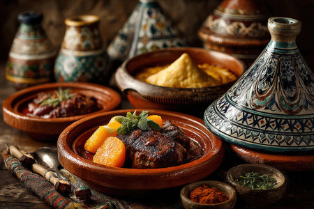 Moroccan tagine dishes are artfully presented with spices, couscous, and herbs, showcasing rich textures and colors, perfect for culinary enthusiasts and food loversの素材