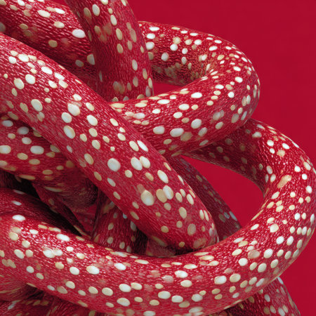 Coiled red and white patterned snake displays intricate textures and vibrant colors against a bold background, emphasizing its natural beauty and unique designの素材