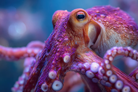 Close-up of a colorful octopus, displaying its detailed textures and vibrant hues in an underwater setting, emphasizing the beauty of marine creaturesの素材