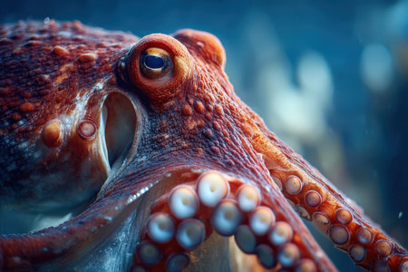 Detailed close-up of an octopus, highlighting its vibrant colors and textures, with tentacles extending gracefully in a tranquil underwater scene, showcasing marine beautyの素材