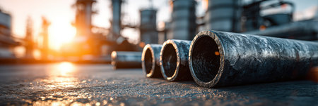 Close-up view of industrial pipes resting on the ground in a manufacturing facility, with warm sunset light creating an atmospheric backdrop of machinery and productionの素材