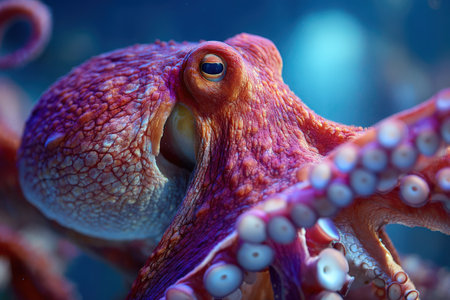 Colorful octopus displays intricate textures and vivid colors, showcasing its tentacles and unique features in a mesmerizing underwater scene filled with marine lifeの素材