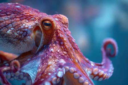 Close-up of a colorful octopus displaying its detailed skin textures and tentacles in a tranquil underwater setting, highlighting the wonders of ocean lifeの素材