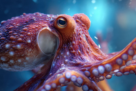 Colorful octopus is swimming in clear water, surrounded by bubbles and soft light, highlighting its unique patterns and textures in a tranquil underwater sceneの素材
