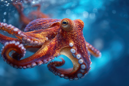 Colorful octopus is swimming in clear blue water, displaying its detailed tentacles and skin textures, creating a captivating underwater sceneの素材