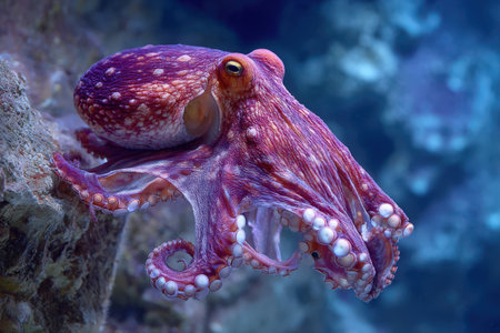 Vibrant octopus is resting on coral reef, displaying its colorful skin and intricate textures, surrounded by a tranquil underwater scene filled with marine lifeの素材