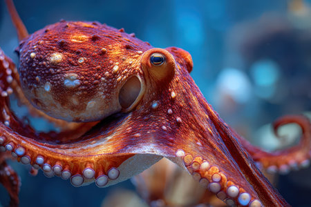 Colorful octopus is swimming in clear ocean waters, displaying its vibrant colors and intricate textures, creating a mesmerizing underwater atmosphereの素材