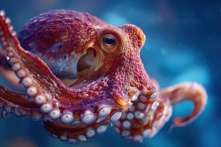 Vibrant octopus gliding through clear water, displaying intricate textures and colors, surrounded by a tranquil underwater scene filled with marine life and soft lightの素材