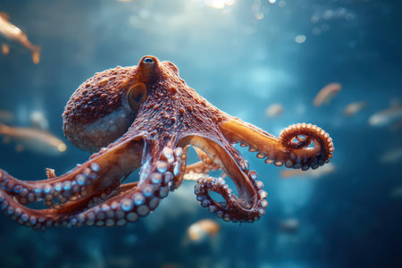 Colorful octopus gliding through clear water, displaying its detailed tentacles and skin textures, with fish swimming nearby in a tranquil underwater sceneの素材